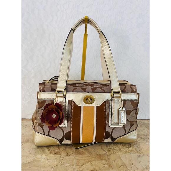 Coach Hampton brown/light metallic gold striped multicolored Carryall 11620 - Picture 1 of 10